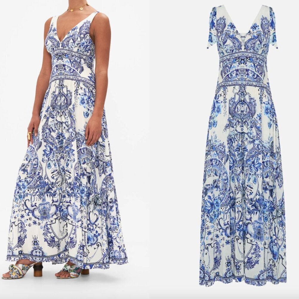 Camilla tie shoulder dress blue white glaze and graze Size Large - Picture 2 of 16